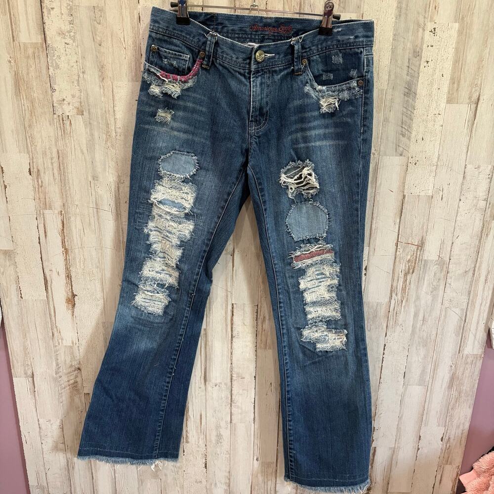 American Eagle Cotton Hipster Skinny Flare Boho Jeans Distressed Patches 6 Y2K